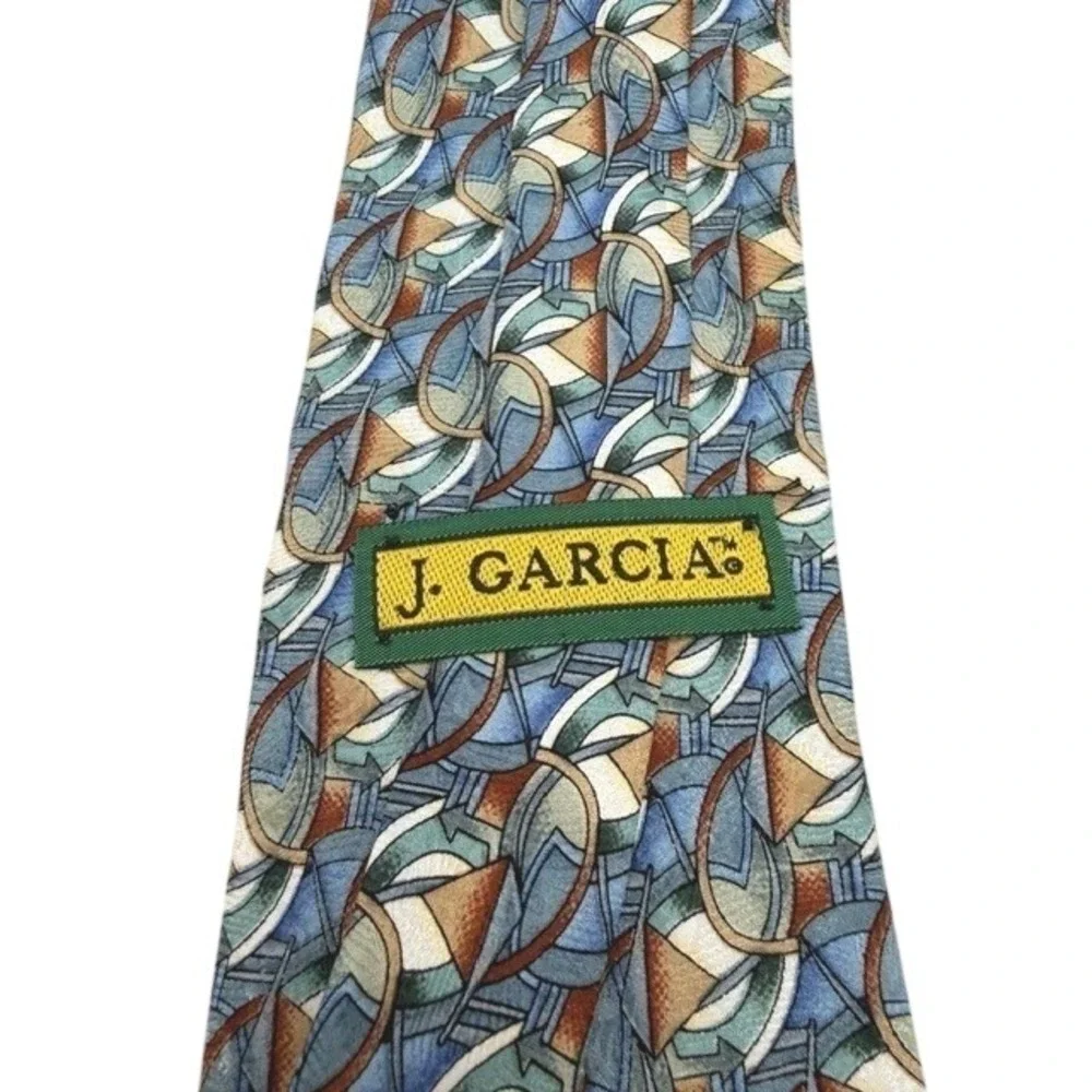 J. Garcia Mens Silk‎ Necktie Abstract Geometric Blue Gold Brown Art Tie RN 62830